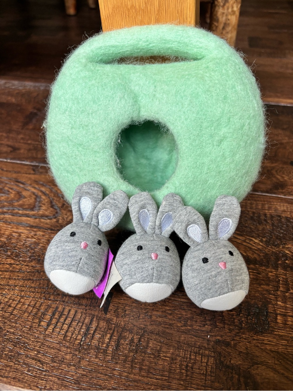 Lovevery bunnies in a felt burrow babbler play kit